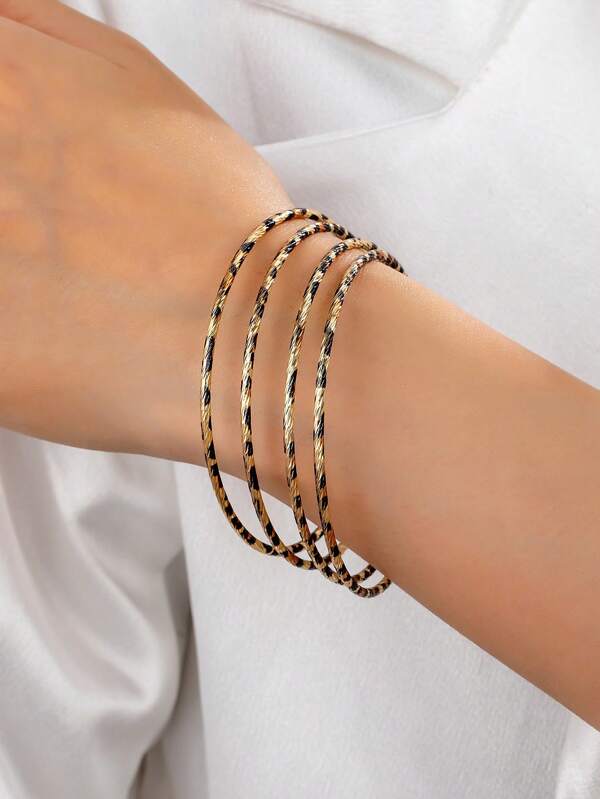 4pcs Leopard Print Metal Braided Bangle Bracelets For Women