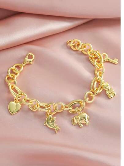 1pc Handmade Middle East Popular Chain With Bear, Heart, Dolphin, Elephant Pendant Multi-Accessories, Suitable For Birthday Gift, New Year Gift, Wearable Bracelet