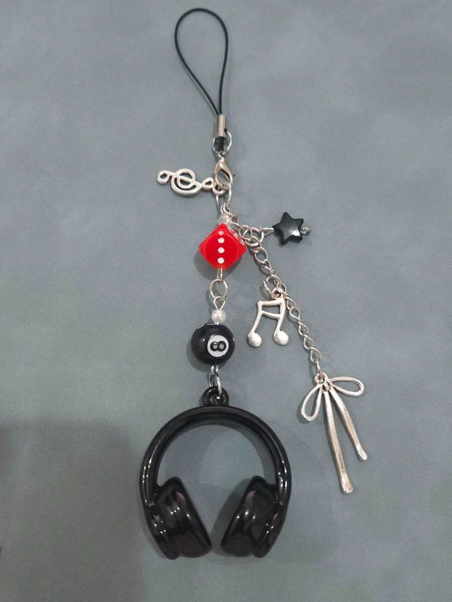 1 dây đeo điện thoại mặt dây chuyền bi-a và tai nghe Y2K màu đen cá tính dành cho nữ DIY trang trí túi đựng điện thoại - Đen và đỏ - Xem 1