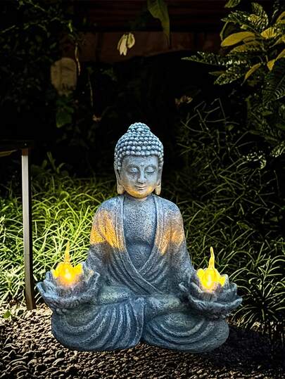 Estatua de Buda de piedra gris con función de iluminación (es decir, lámparas solares para la estatua) que se puede utilizar para decorar jardines, patios, terrazas, césped del hogar, porches, casas, balcones exteriores relajantes y techos.