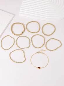 9pcs Fashionable Delicate Gold CCB Beaded Heart Decor Multi-Layer Stacking Bracelet Set, Friendship Bracelet Suitable For Women Daily, Date, Party, Festival Gift