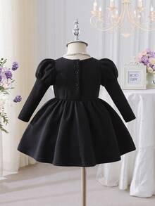 女婴黑色长袖连衣裙，新生儿正式服装，女婴服装，优雅花卉装饰，适合新生儿活动、聚会和日常穿着 - 黑色 - 查看 2