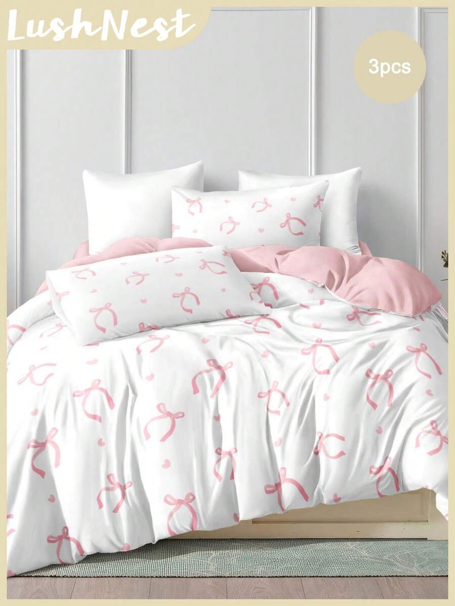 Juego de Funda Nórdica de 3 Piezas con Estampado Digital Lindo de Corazón Rosa y Lazo (1 Funda Nórdica + 2 Fundas de Almohada, Sin Relleno), Fibra de Poliéster Ligera Suave y Agradable para la Piel para Dormitorio, Dormitorio, Todas las Estaciones