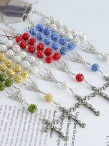 GO2CJBEADS 1件复古休闲多色天主教59颗10毫米迪斯科水晶珠十字架项链，男女通用个性化手工祈祷念珠配饰，适合日常佩戴 - Z0012B - 查看 9