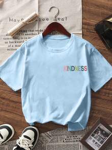 1 chiếc áo thun ngắn tay in họa tiết, áo mùa hè thường ngày cho bé gái chơi đùa. - Màu xanh lam - Xem 4