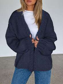 Women's Fall Open Front Cardigan Sweaters Long Sleeve Loose Fit Chunky Knit Outerwear New Years Casual Outfits - Màu xanh hải quân - Xem 3