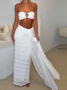 Women Summer Outfits Cute Shells Crop Bandeau Tops And Elastic Tie Front Skirt Set For Streetwear Aesthetic Clothes - 白色 - 查看 4