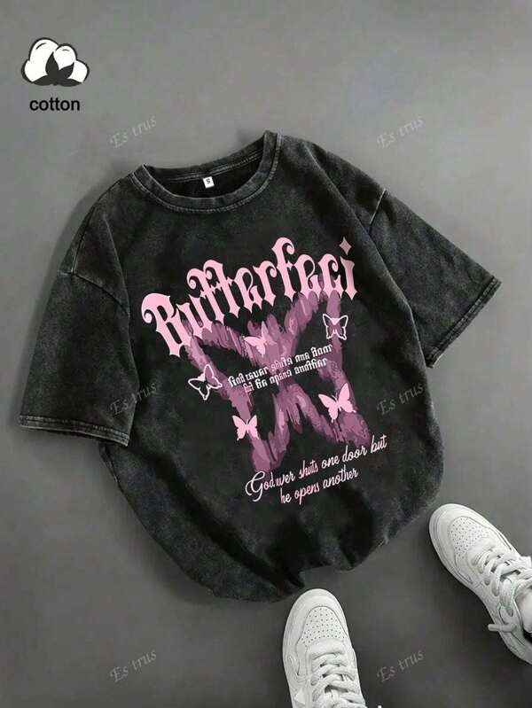 Cotton, Summer Women's Fun Print "Pink Butterfly Letter" Personalized Pattern T-Shirt Cute Top, Korean Comfortable Retro Fashion Commuting Versatile Y2k Clothing Women's Clothing, Street Regular Niche Punk Rock Washed T-Shirt Round Neck Short Sleeve