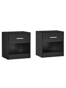 Bedside Tables, Set Of 2, Side Table With Drawer, Handle, Open Compartment, End Table, For Bedroom, Living Room, Classic Black - Black - View 7