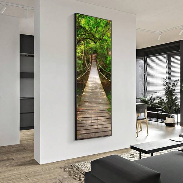 1 pièce Impression sur canevas d'un pont suspendu en bois dans un style art déco forestier contemporain - Œuvre sans cadre pour salon, chambre à coucher, restaurant - Orientation portrait d'intérieur, imperméable, sans odeur, cadeau d'anniversaire idéal, décoration de salle d'automne, affiche murale sans cadre, fournitures de fête, peinture, images