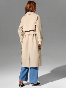 Casaco trench coat longo e simples feminino Risissida para primavera e outono, com cinto e bolsos, adequado para qualquer ocasião. - Bege - Ver 7