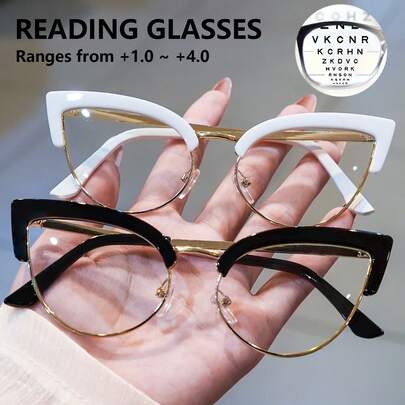 Gafas de lectura con montura de metal negro y dorado, estilo ojo de gato para mujer, con aumento de +1.0 a +4.0, ligeras y de montura completa, para uso en computadora, lectura y actividades diarias, ayuda visual versátil, look sofisticado, gafas duraderas