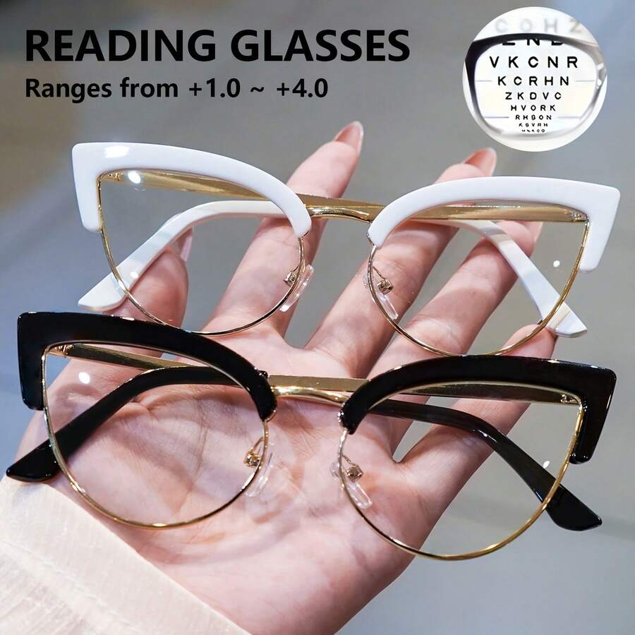 Gafas de lectura con montura de metal negro y dorado, estilo ojo de gato para mujer, con aumento de +1.0 a +4.0, ligeras y de montura completa, para uso en computadora, lectura y actividades diarias, ayuda visual versátil, look sofisticado, gafas duraderas - Blanco - Ver 1