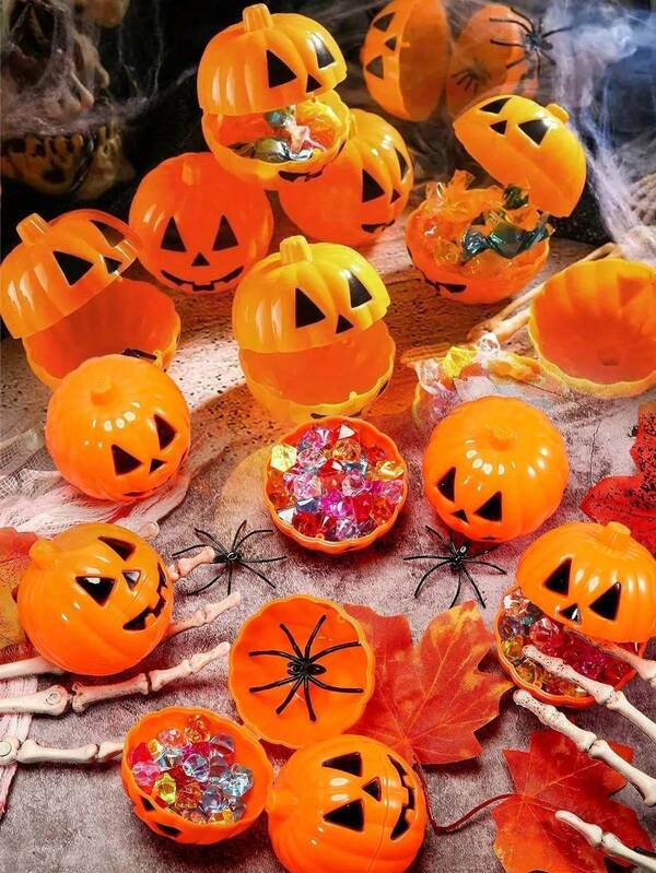 1/5 Pieces Halloween Pumpkin Candy Box, Spooky Halloween Fun Plastic Pumpkin Gift Box, Suitable For Halloween Party Favors, Candy Decoration, Mini Pumpkin & Horror Toys - Fillings Not Included, Seasonal Decoration