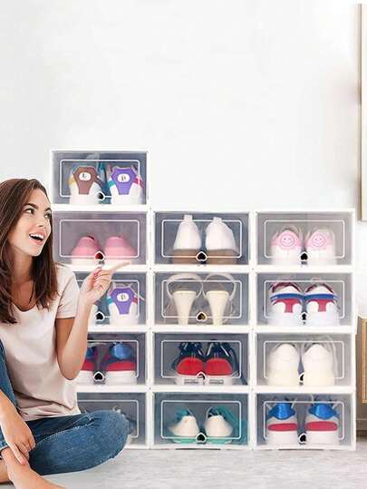 12 cajas transparentes apilables para guardar zapatos organizador closet almacenamiento calzado entrada diseño moderno práctico fácil limpiar resistente apilable gran capacidad