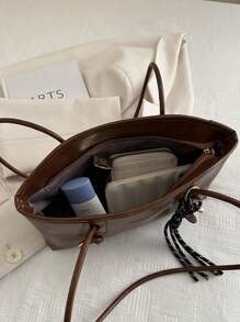 1个咖啡棕色绗缝拉链PU纯色保龄球包，大容量手提包，新款时尚复古单肩包，适合女性日常使用，秋冬季 - 棕色 - 查看 10