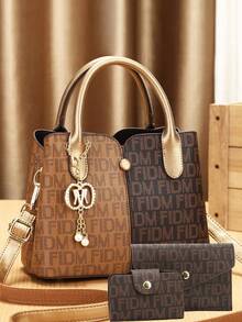 女士手提包套装，时尚单肩包，绣花小方包 - 米色 - 查看 4