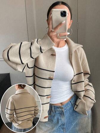 Women's Plus Size Cardigan Sweater With Intercolor Long Sleeves For Autumn And Winter