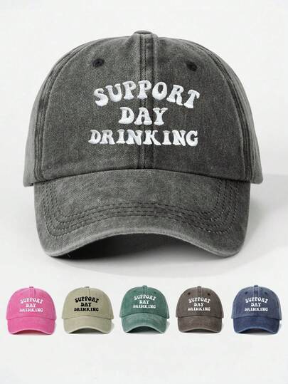 1 st broderad "SUPPORT DAY DRINKING" tvättad basebollkeps, justerbar utomhussolhatt, lämplig för resor, strand, alla årstider, Y2K-stil för unga vuxna