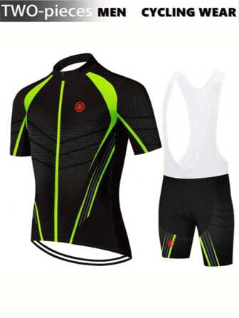 Kraken Octopus 骑行服套装 - 男士春夏弹力自行车背带短裤，采用 20D 提花面料，荧光色，透气速干，3 个后袋