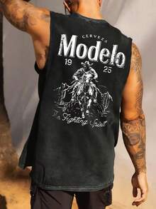 230g Double-Sided Washing, Beer Denim Printed Vest, High-Quality Batik Cotton Vintage Fashion Brand T-Shirt, Men's Vest, Beach, Summer Explosions, Holiday Gifts, Men's Wear, Gifts For Friends. - 黑色 - 查看 1