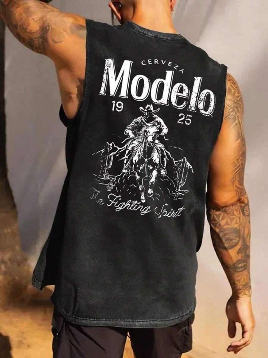 230g Double-Sided Washing, Beer Denim Printed Vest, High-Quality Batik Cotton Vintage Fashion Brand T-Shirt, Men's Vest, Beach, Summer Explosions, Holiday Gifts, Men's Wear, Gifts For Friends. - 黑色 - 查看 1