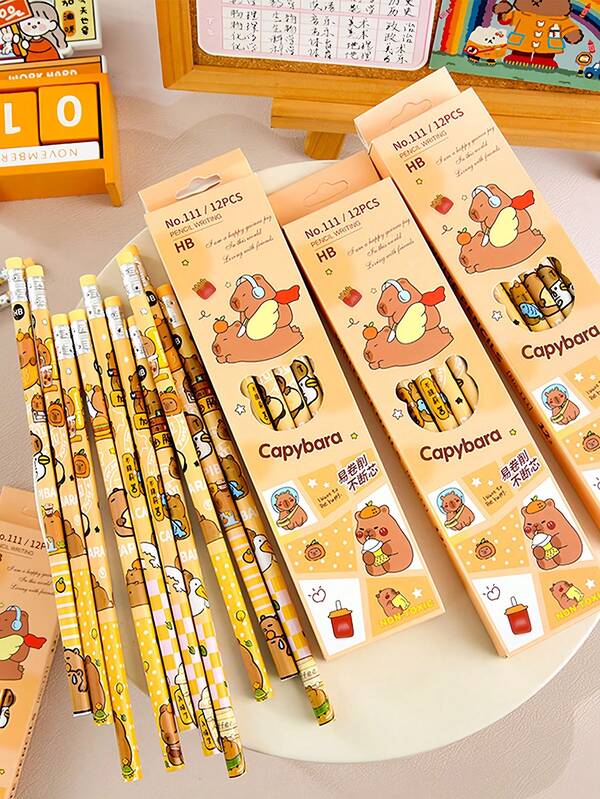 3 peças/6 peças/12 peças/24 peças Caixa de Lápis HB (1 Caixa com 12 Peças), Caderno Fofo de Capivara, Conjunto Combinado, Lápis Sem Chumbo Seguros para Crianças, Papelaria Específica para Escola Primária, Adequado para Escolas de Meninos e Meninas, Estudantes, Papelaria, Suprimentos Escolares. Presentes de Aniversário, Natal, Halloween.