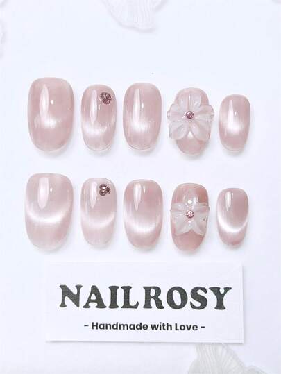 nailrosy 10片手工制作的按压式美甲贴片，短款杏仁猫眼造型，婚礼美甲贴片，亚克力美甲贴片，凝胶美甲套装，假指甲，婚礼生日派对，哥特风亚克力美甲用品，可爱优雅的3D美甲艺术凝胶雕刻凝胶花朵
