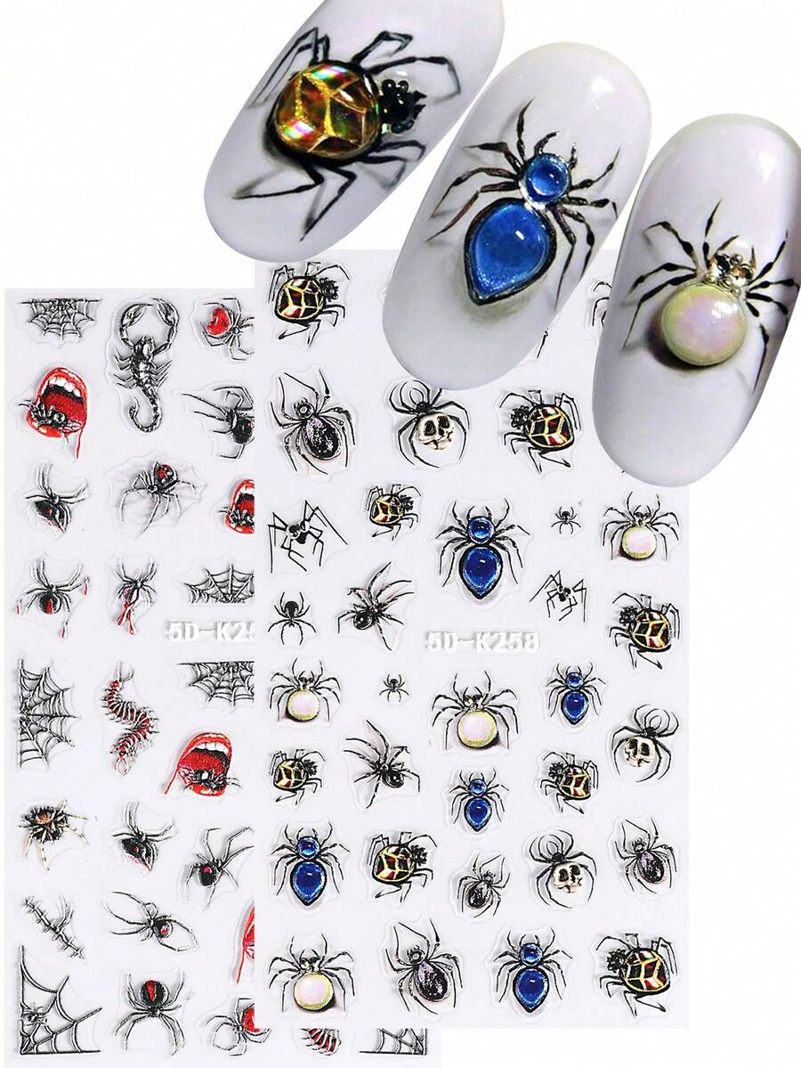 2 件 5D 万圣节蜘蛛美甲贴纸浮雕蜘蛛网昆虫指甲贴花蜈蚣蝎子血腥恐怖节日美甲装饰美甲配件 DIY 沙龙美甲用品