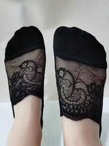 蕾丝边珍珠蕾丝蝴蝶结低帮透气隐形袜，轻薄时尚，百搭 - 孔雀黑色 - 查看 8