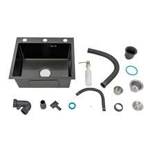 YUNRUX Kitchen Sink, Built-In Sink, Kitchen Faucet, Sink With Draining Board + Detergent Dispenser, Black, 50 X 45 X 20 Cm - Black - View 10