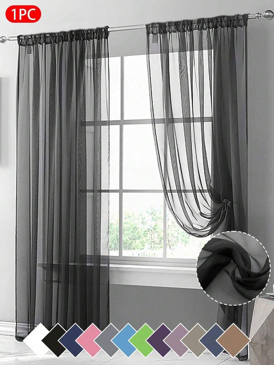1pc Sheer Voile Curtain, Lightweight Translucent Fabric, Sun Blocking & Heat Insulation, Rod Pocket Top Design, Good Drapability, Suitable For Living Room, Bedroom, Balcony Decor | Autumn Decor, Room Decor - Black - View 1