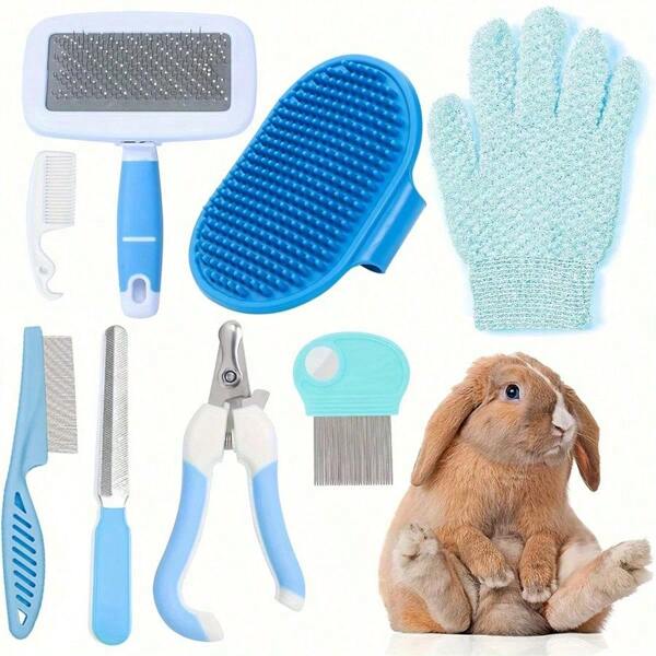 Juego de 8 piezas para el aseo de animales pequeños, set de aseo para conejos, que incluye cortaúñas y limas para mascotas, peine para pulgas, cepillo de baño y champú, cepillo quitapelo, guantes de masaje para baño, peine de limpieza