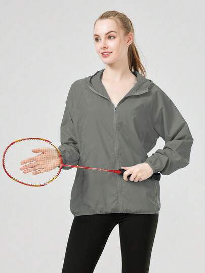 1 件女式轻质防水夹克，休闲风衣，速干运动服，黑色女式长袖运动夹克，带便携袋