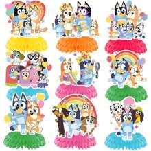 1 套/9 件 Bluey 蜂窝派对装饰架 - 3D 纸质生日餐桌装饰中心装饰，可重复使用可折叠儿童主题蛋糕展示架，带人物