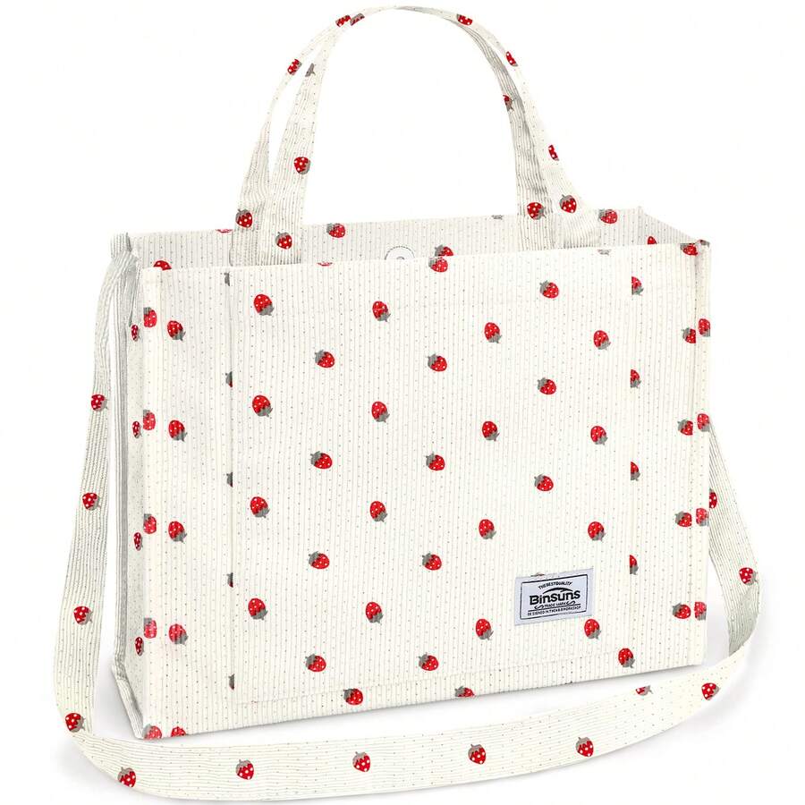 Corduroy Handbag, Square Casual Bag, Stylish Commuting Bag With Large Pocket, Women Shoulder Bags Work Handbags Everyday Hobo Bag(Little Strawberry) - 小草莓 - 查看 1