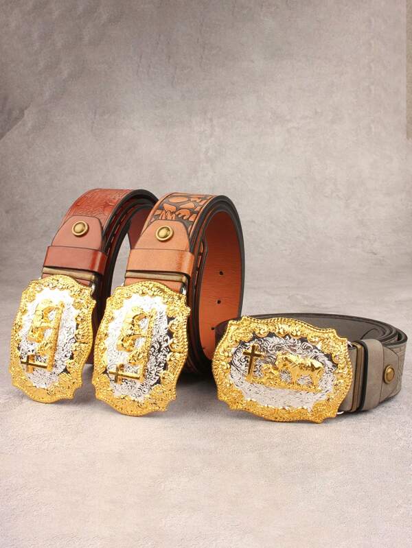 Vintage Western Style Gold-Edged Cross Unisex Durable Seamless Sturdy Belt