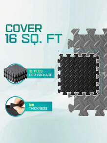 16片装健身器材泡沫垫 - 非防水EVA泡沫材质，适用于健身房和家庭锻炼，耐用彩色拼图垫（黑/灰），可降低噪音并确保训练安全，健身配件