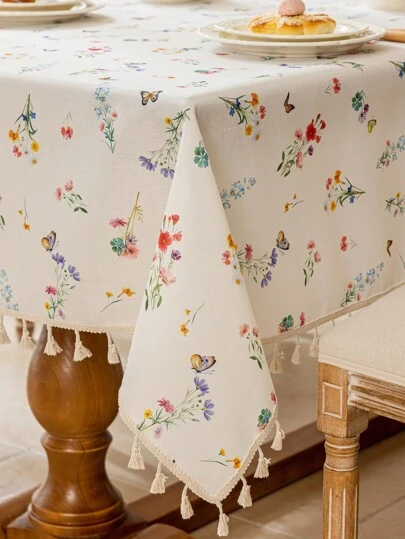 1pc Colorful Floral Butterfly Tassel Tablecloth, Rectangular Tablecloth, Dining Table Cloth, Farmhouse Style Home Decor Tablecloth, Washable, Suitable For Home Kitchen, Dining Room, Party, Picnic, Date, Wedding, Theme Party, Indoor & Outdoor Use