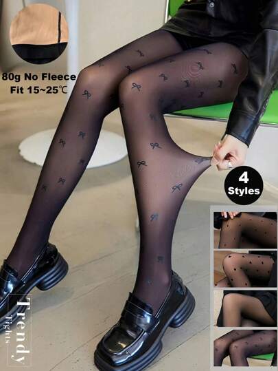 1 Stück 80g figurformende Strumpfhose für Frauen, Herbst/Winter, hohe Elastizität, Herz, Polka Punkt, Schleife bedruckte Strumpfhose, modischer Alltagsgebrauch, geeignet für Halloween, Weihnachten, Schulanfang, Temperatur 15-25 Grad