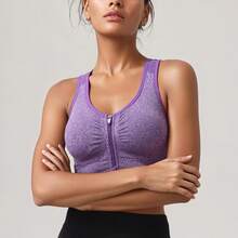 Zip Front Sports Bra For Women - Medium Support Racerback Workout Bra With Removable Pads & Double Hookshalloween - 灰色+紫色+白色+淺藍色 - 查看 8