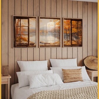 3 st väggkonstposters med ram (valfri) Höstutsikt från en sjöstuga Vintage triptyk | Höstväggkonst | Höstdekor | Landskapsväggkonst | Digital nedladdning UTSKRIVBAR väggkonstset