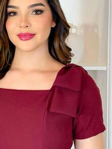 LivanModas Elegant Women's Viscose Dress With Sleeves And Bow Detail – Sophisticated Fashion - Màu Đỏ Sâu - Xem 6