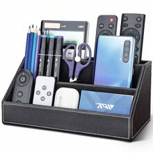 3-Compartment TV Remote Control Organizer/Storage Holder, PU Leather Remote Control Stand Bedside Table Top, Storage Box, Phone And Media Accessories Organizer, Desk Organizer Box (Black) - Black - View 4