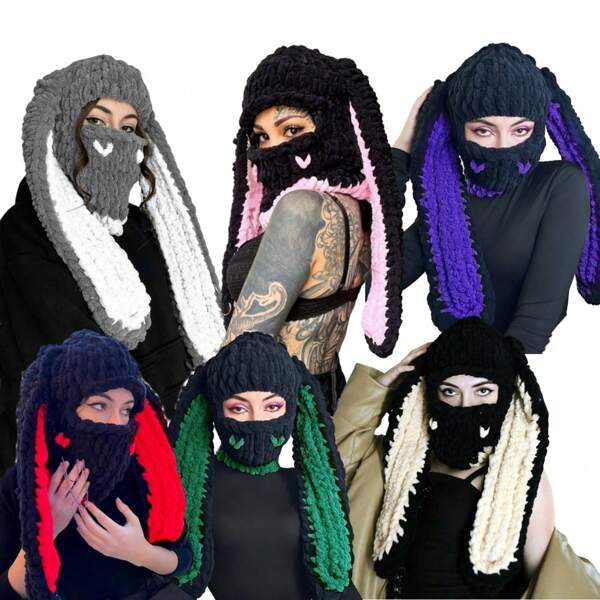 1 peça chapéu feminino multicolorido com orelhas de coelho, gorro de malha grosso e quente, adorável e versátil, adequado para uso diário, casual, ocasiões de festa, máscara de esqui, dia dos namorados