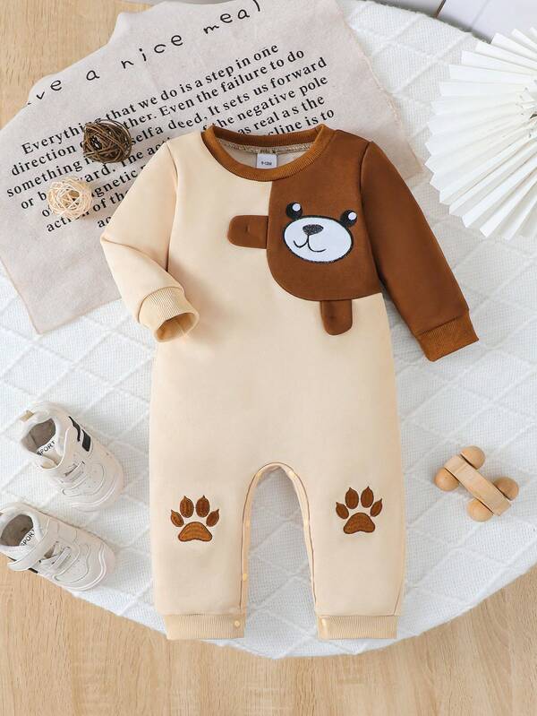 1pc Cute Baby Boy Colorblock Bear Embroidery Round Neck Jumpsuit, Autumn/Winter