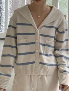 Women's Sailor Collar Striped Colorblock Button Front Long Sleeve Cardigan Sweater, Fall&Winter Casual Loose Fit Pockets Cozy Fashion Stylish Soft Knit Cardigan, Women Fall, Winter For Women, Cute Autumn Top