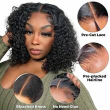 Wear And Go Glueless Wigs Human Hair Pre Plucked Pre Cut 4x4 Lace Front Wigs For Women Glueless Water Wave 200 Density Deep Curly Bob  Human Hair Lace Wigs For Beginners(16 Inch) - Natural Black - Xem 4