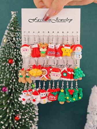 12pcs/36pcs Christmas Series Resin Earrings Set, Santa Claus, Gingerbread Man, Christmas Tree, Snowman, Star Earrings, Gift