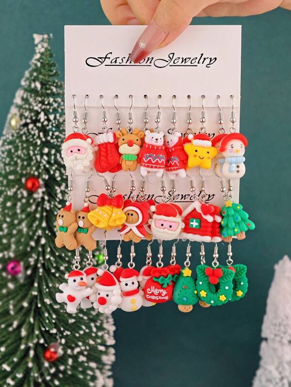 12 pièces/36 pièces Ensemble de boucles d'oreilles en résine de la série de Noël, Père Noël, Bonhomme en pain d'épices, Sapin de Noël, Bonhomme de neige, Boucles d'oreilles en forme d'étoile, Cadeau